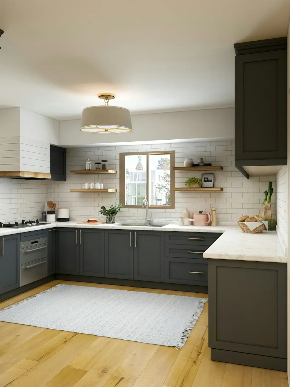 Kitchen set custom dengan lantai kayu dan backsplash keramik putih